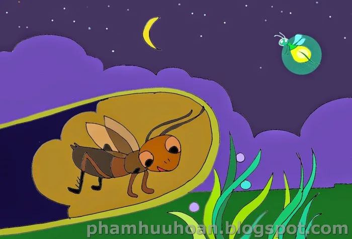 Tranh minh họa : Dế và đom đóm.