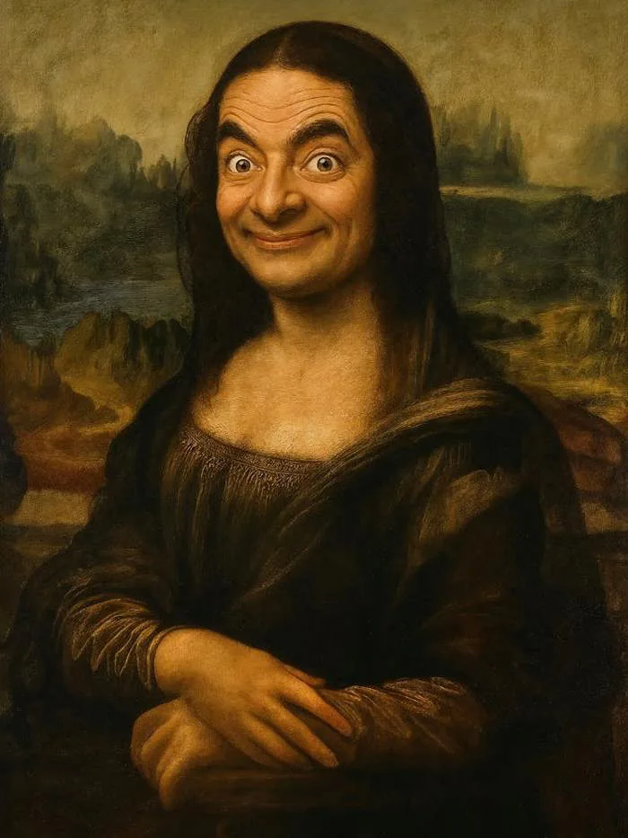 Rowan Atkinson's iconic Mr. Bean face hilariously replaces Mona Lisa in  this vintage pop art meme. A perfect mashup of Leonardo da Vinci's painting  and modern humor, ideal for fans of trending