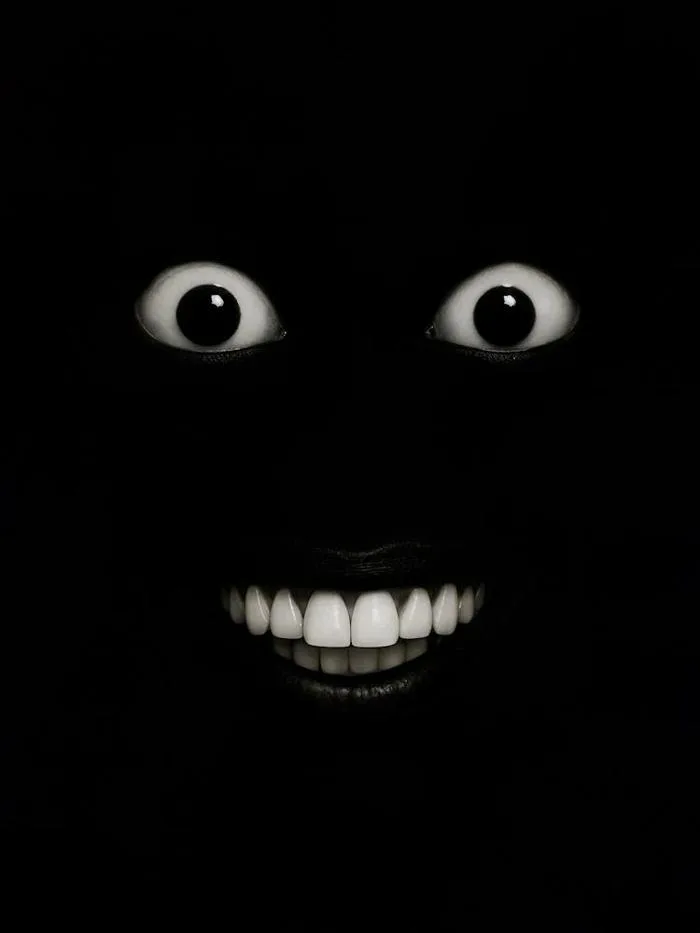 Man Laughing in the Dark Meme Poster – Creepy Eyes and Teeth: A grinning  horror in the dark – this minimalist 