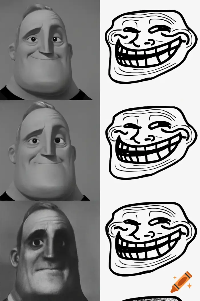 Grid showing three stages of Uncanny Mr. Incredible meme faces on the left  and three Troll Faces on the right. on Craiyon