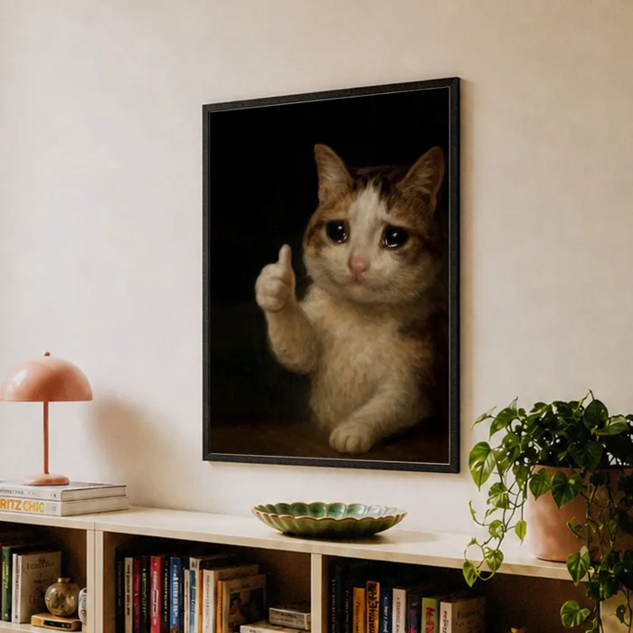 Sad Thumbs Up Crying Cat Poster – Sad Meme Cat Art: Tears in his eyes, paw  raised