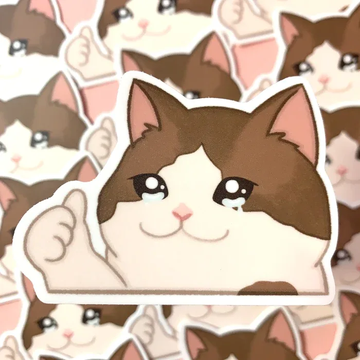 WATERPROOF] Thumbs Up Crying Sad Cat Meme Vinyl Sticker Decal — San José  Made